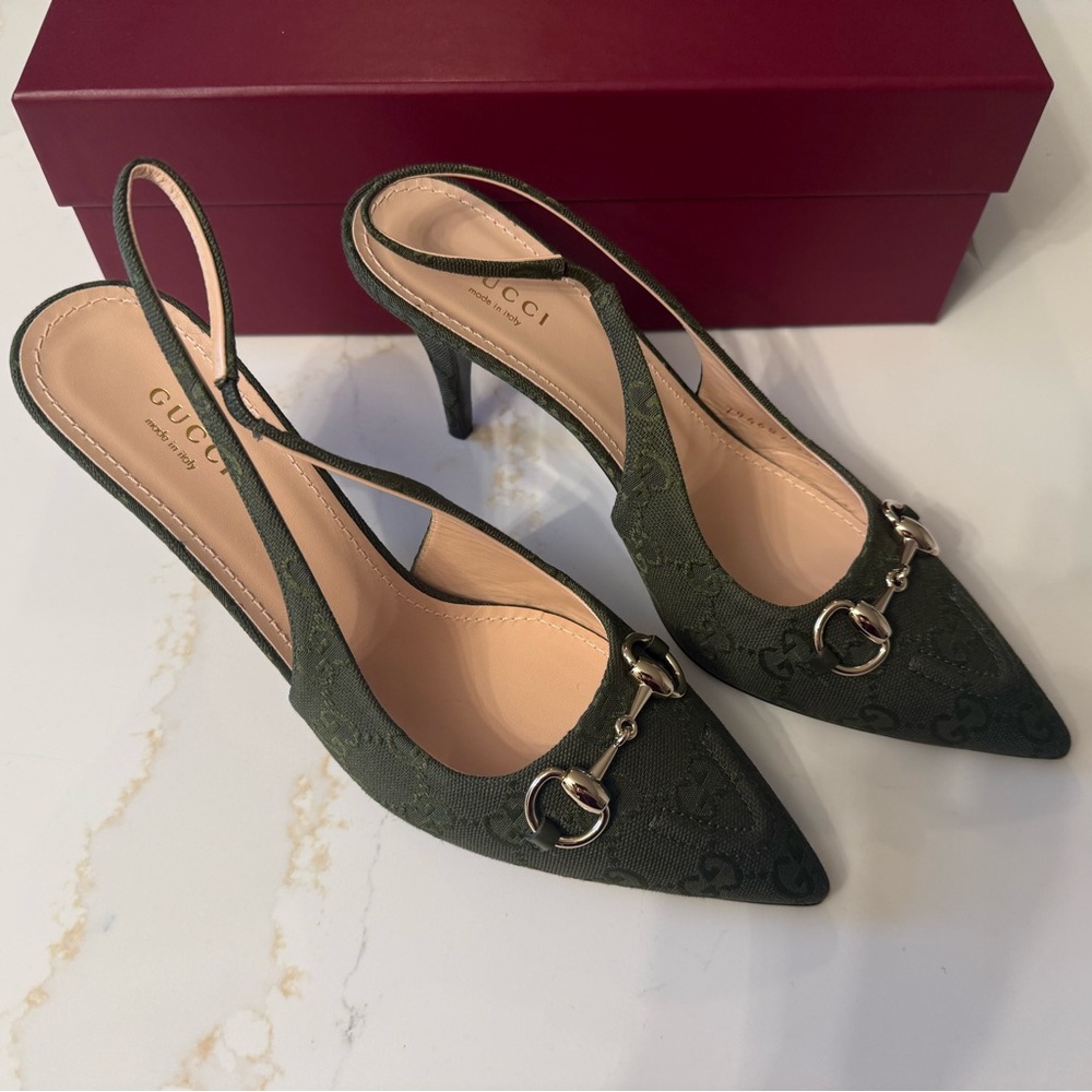 GUCCI SLINGBACK PUMP HORSEBIT GREEN CANVAS 38 - Picture 11 of 15